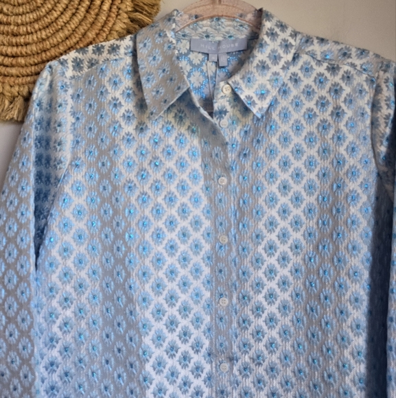 Hill House New The James Shirt Snowflake Brocade Metallic Blue Blouse SZ Small - Picture 3 of 11